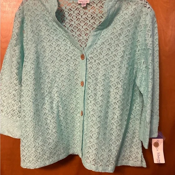 Rebecca Malone petite XL Lace Blouse Aruba Blue NWT - Picture 2 of 10
